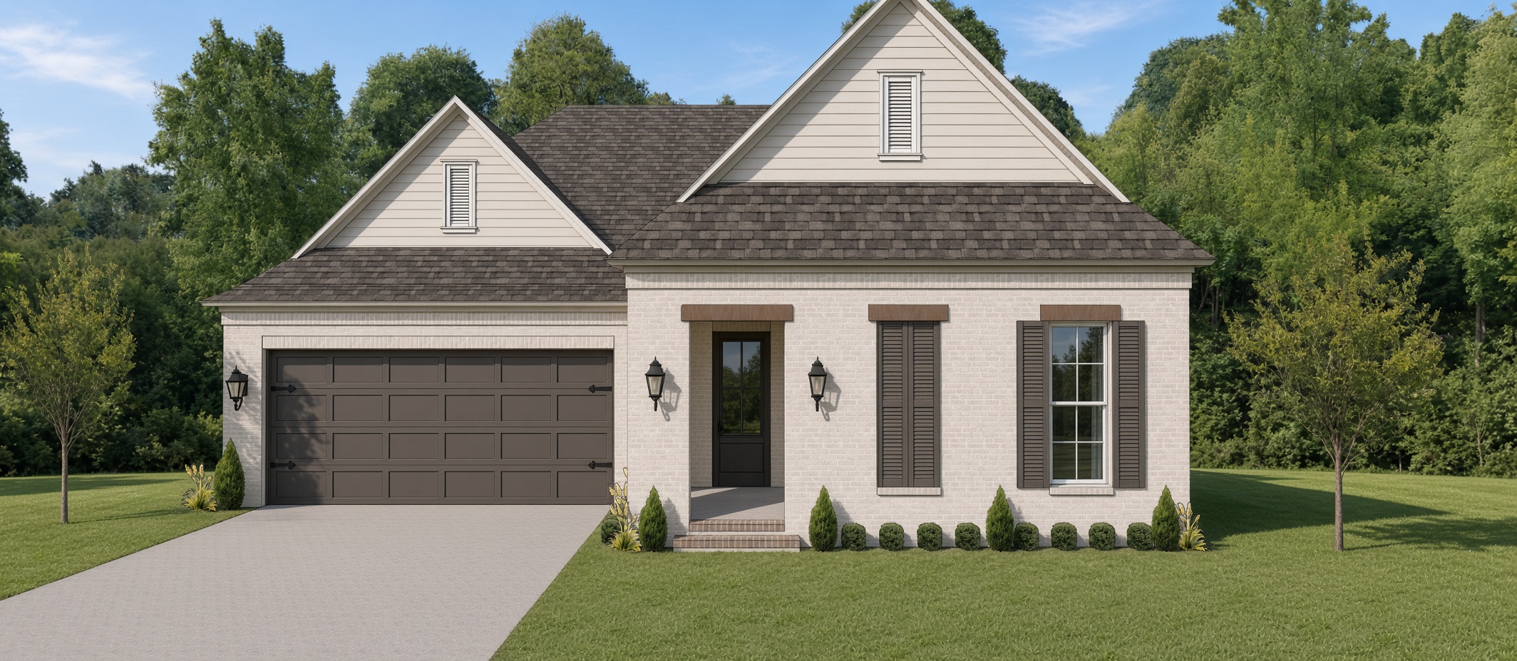 The Jefferson Select Series brick exterior with twin gables and classic shutters by Edison Homes