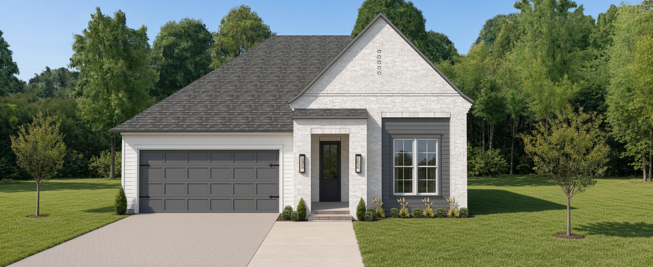 The Olave Select Series white brick exterior with charcoal accents by Edison Homes